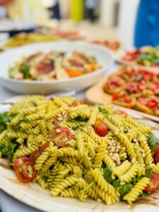 Pasta salad platters for a catering buffet in Marbella